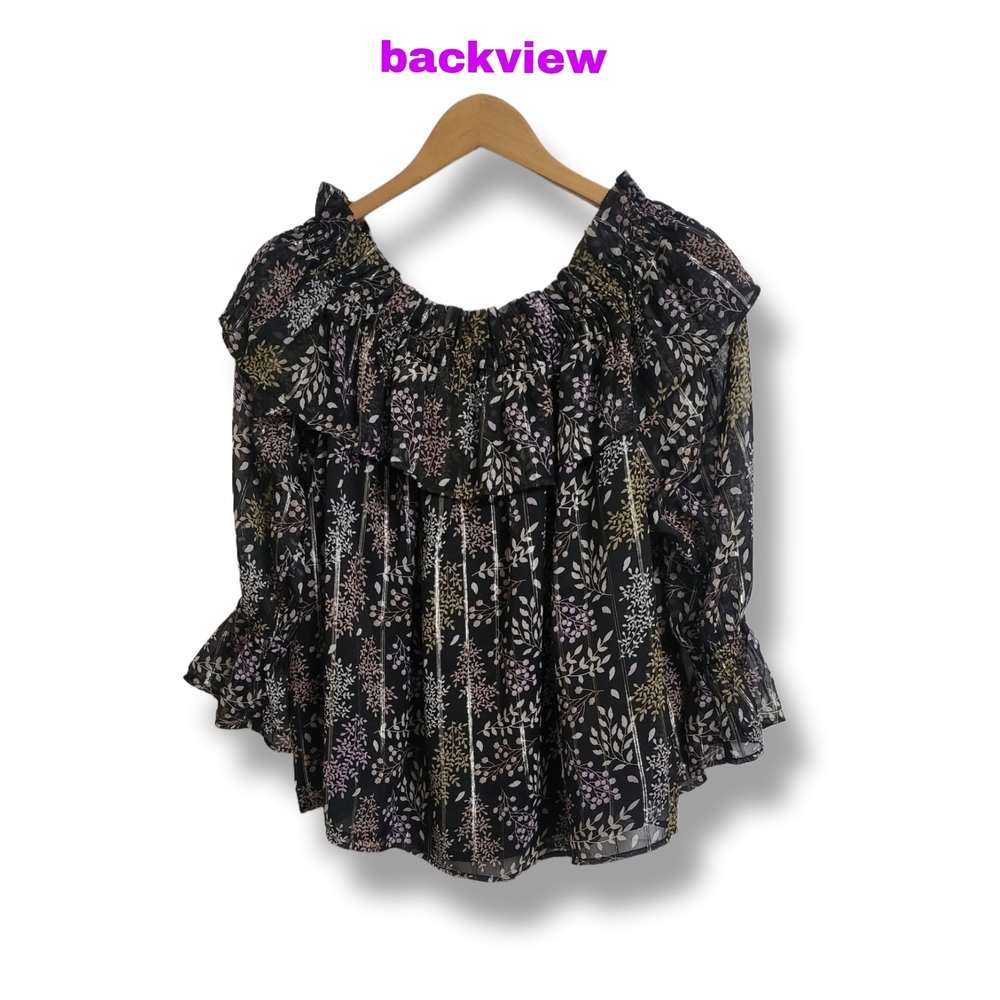 🌿Loft Black Metallic Leaf Print Off-Shoulder Top, Women's Medium - Picture 9 of 13